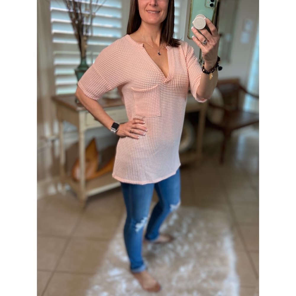 Popcorn Waffle Gabby V Neck Top Blush Pink 3620 - Picture 5 of 5